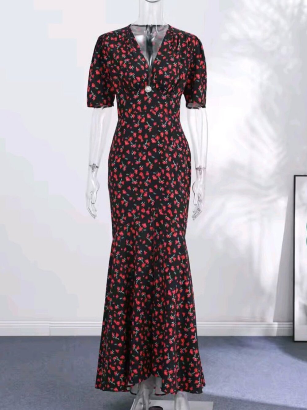 Chic Lady Dress Printed Short Sleeve V-neck Cinched Waist Slim Long Dress - Picture 2 of 7